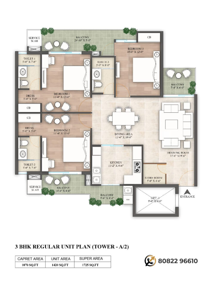 Eminencia Eutopia Living - 3 BHK Premium Unit Plan (Tower A/3)
