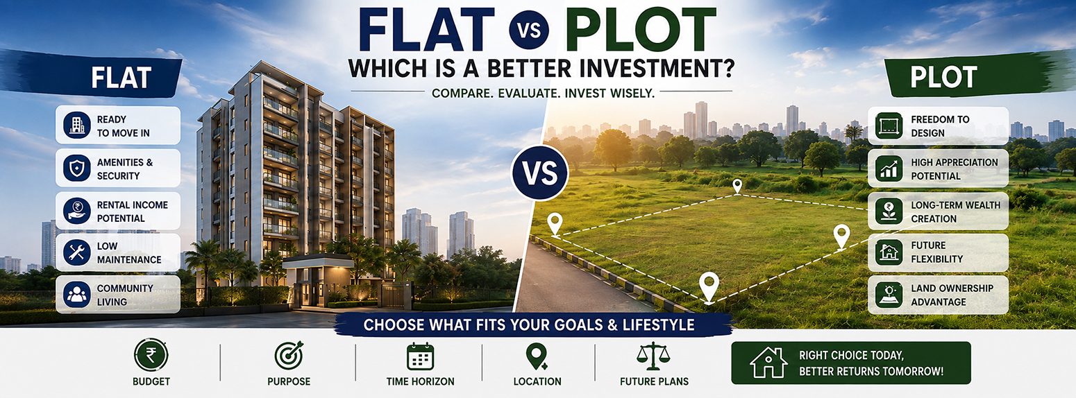Flat vs Plot comparison infographic showing investment benefits, amenities, ownership, and long-term value.