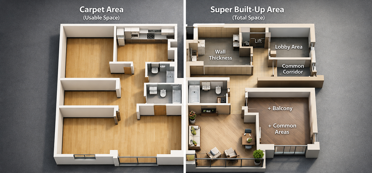 Difference between carpet area, built-up area and super area in apartments